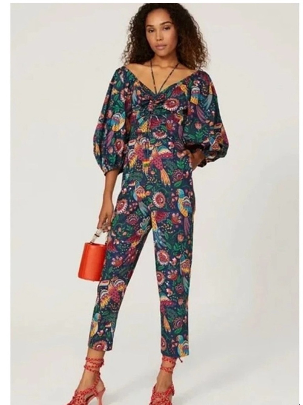 Floral V-Neck Puff-Sleeve Jumpsuit in Navy
